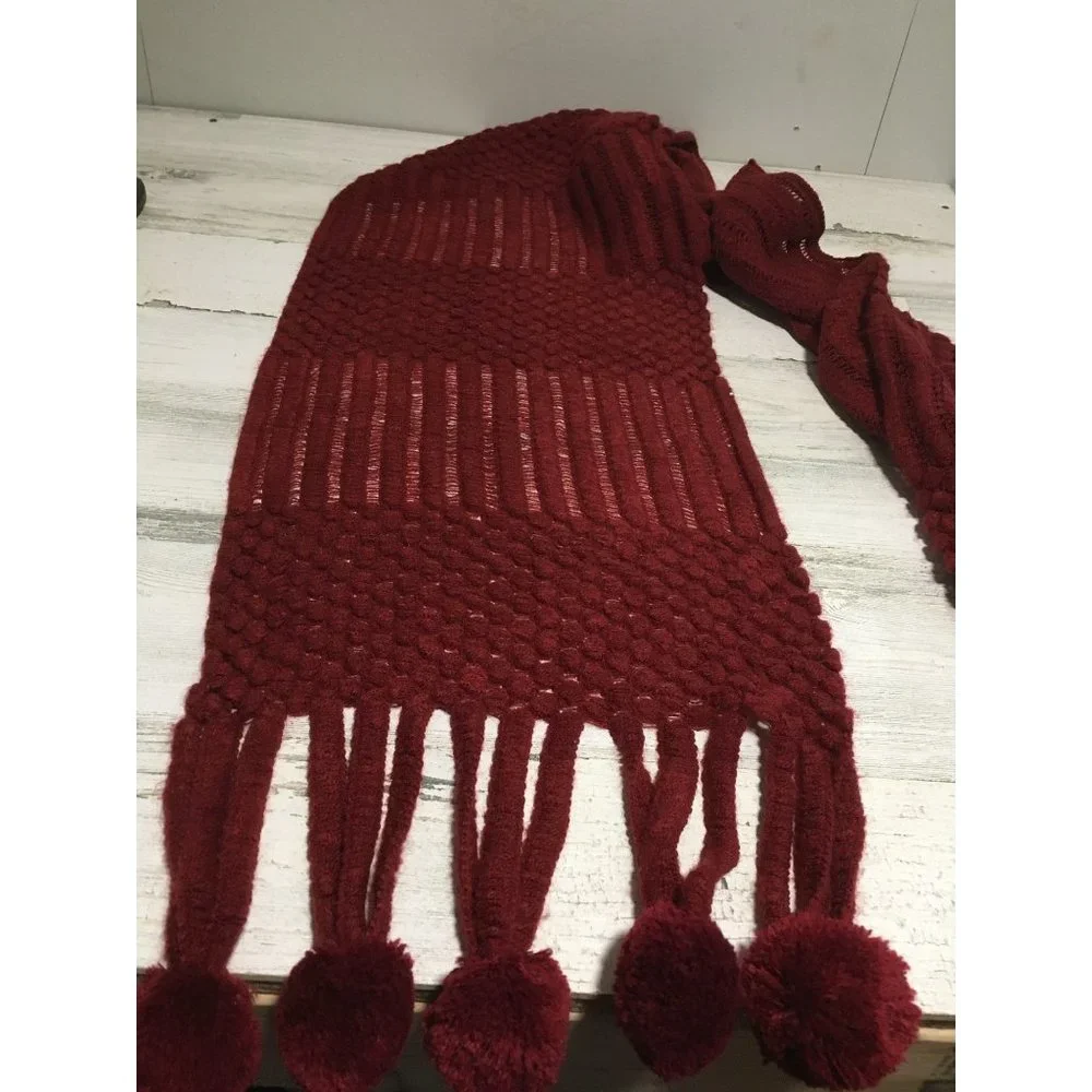 Burgundy 10.5”x72” scarf with pompom tassels